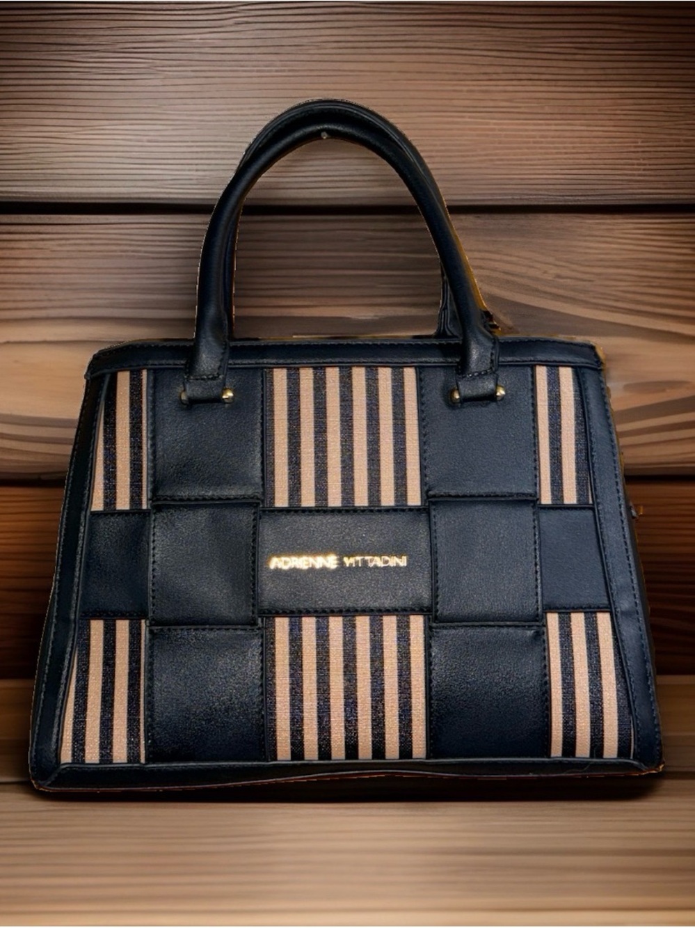 Adrienne Vittadini Black & Tan Faux Leather Top-Handle Bag w/Shoulder Strap-EC